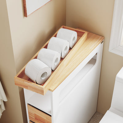 SoBuy BZR54-III-WN, Slim Bathroom Storage Cabinet with Wheels, 3 Drawers – Narrow Freestanding Bathroom Storage Unit in Wood, White+Nature, 65x23x82cm