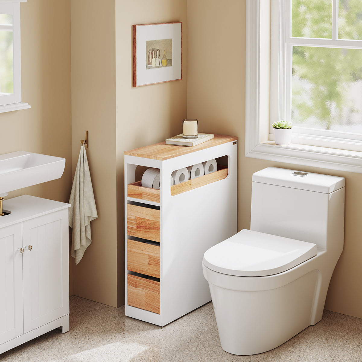 SoBuy BZR54-III-WN, Slim Bathroom Storage Cabinet with Wheels, 3 Drawers – Narrow Freestanding Bathroom Storage Unit in Wood, White+Nature, 65x23x82cm