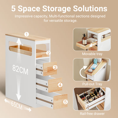 SoBuy BZR54-III-WN, Slim Bathroom Storage Cabinet with Wheels, 3 Drawers – Narrow Freestanding Bathroom Storage Unit in Wood, White+Nature, 65x23x82cm