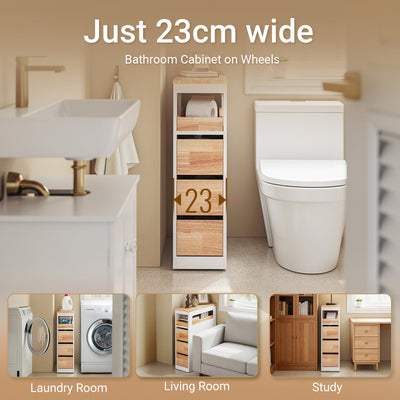 SoBuy BZR54-III-WN, Slim Bathroom Storage Cabinet with Wheels, 3 Drawers – Narrow Freestanding Bathroom Storage Unit in Wood, White+Nature, 65x23x82cm