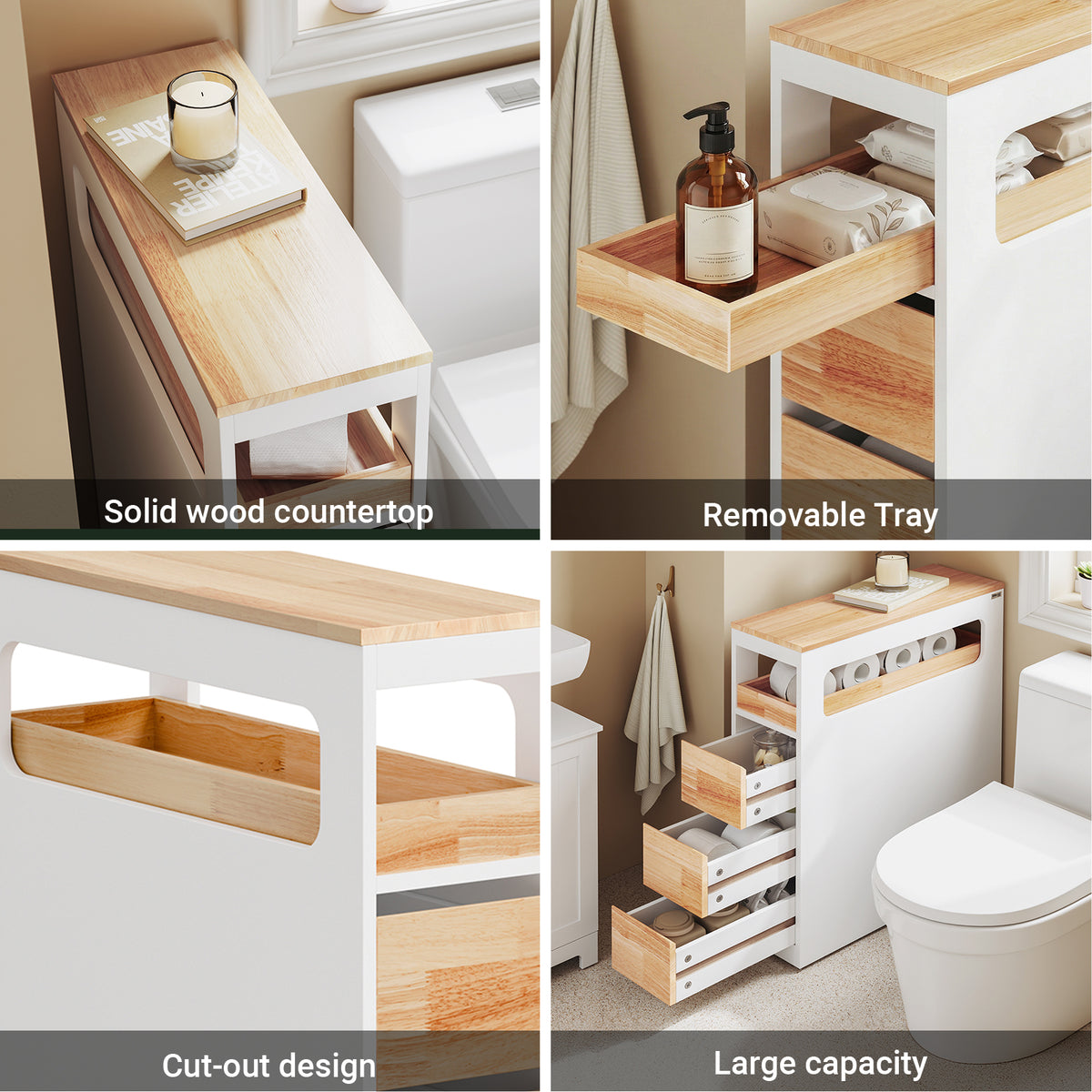 SoBuy BZR54-III-WN, Slim Bathroom Storage Cabinet with Wheels, 3 Drawers – Narrow Freestanding Bathroom Storage Unit in Wood, White+Nature, 65x23x82cm