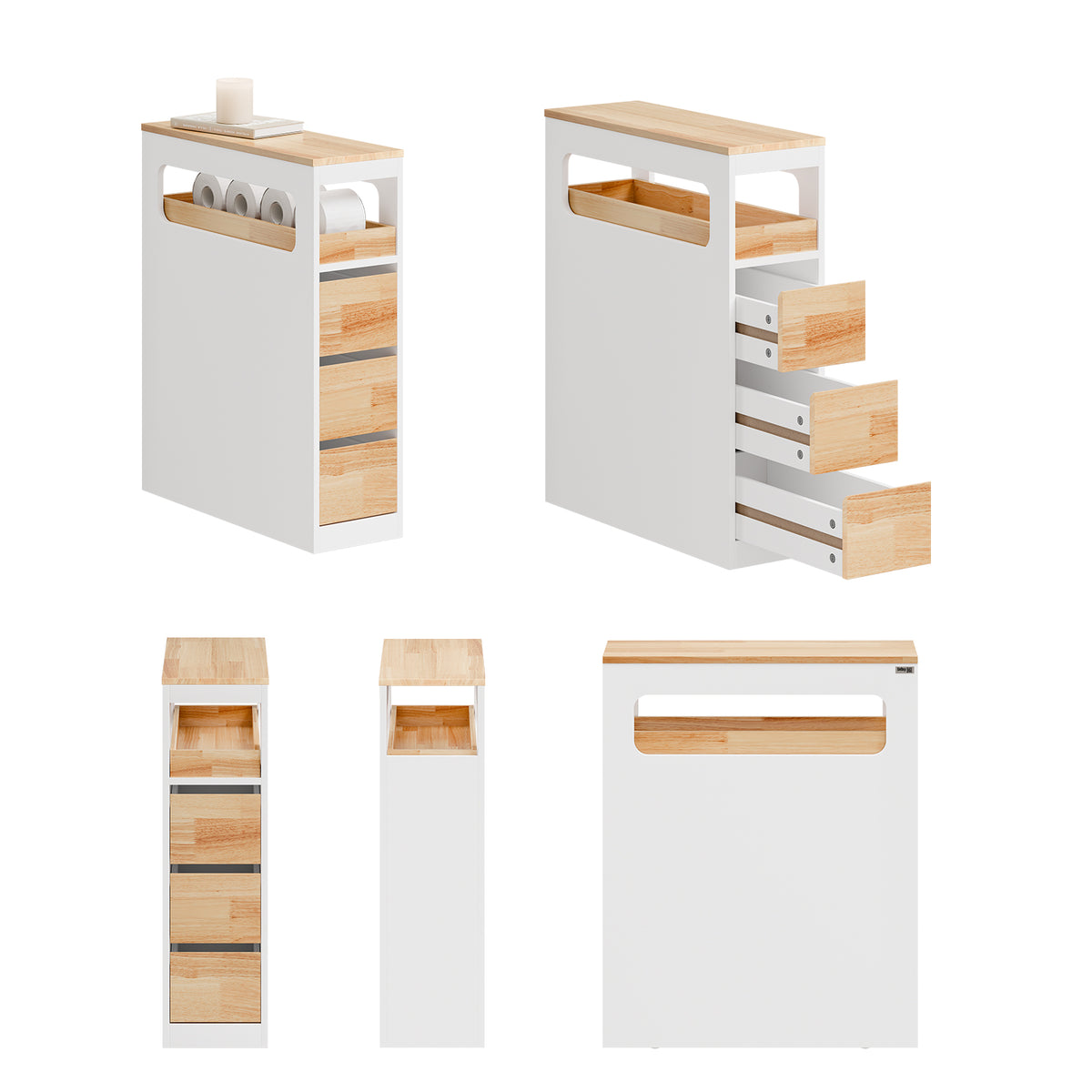 SoBuy BZR54-III-WN, Slim Bathroom Storage Cabinet with Wheels, 3 Drawers – Narrow Freestanding Bathroom Storage Unit in Wood, White+Nature, 65x23x82cm