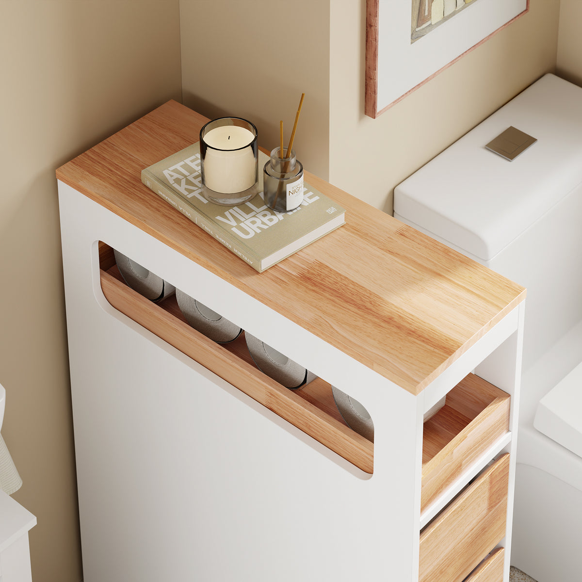 SoBuy BZR54-IV-WN, Movable Bathroom Cabinet Toilet Paper Roll Holder Cabinet with 2 Open Compartments, White
