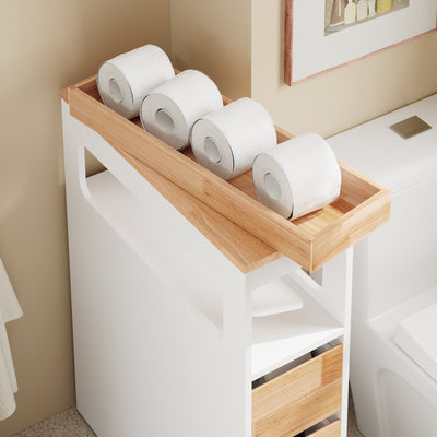 SoBuy BZR54-IV-WN, Movable Bathroom Cabinet Toilet Paper Roll Holder Cabinet with 2 Open Compartments, White
