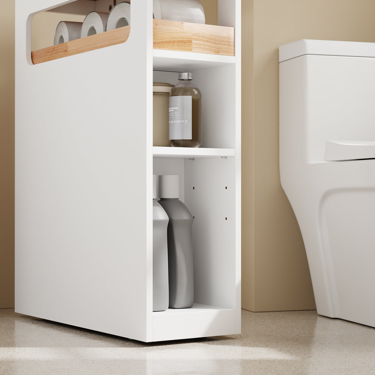SoBuy BZR54-IV-WN, Movable Bathroom Cabinet Toilet Paper Roll Holder Cabinet with 2 Open Compartments, White