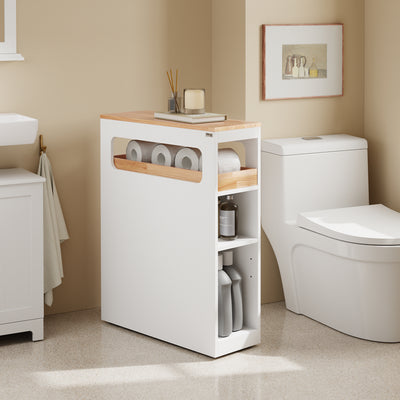 SoBuy BZR54-IV-WN, Movable Bathroom Cabinet Toilet Paper Roll Holder Cabinet with 2 Open Compartments, White