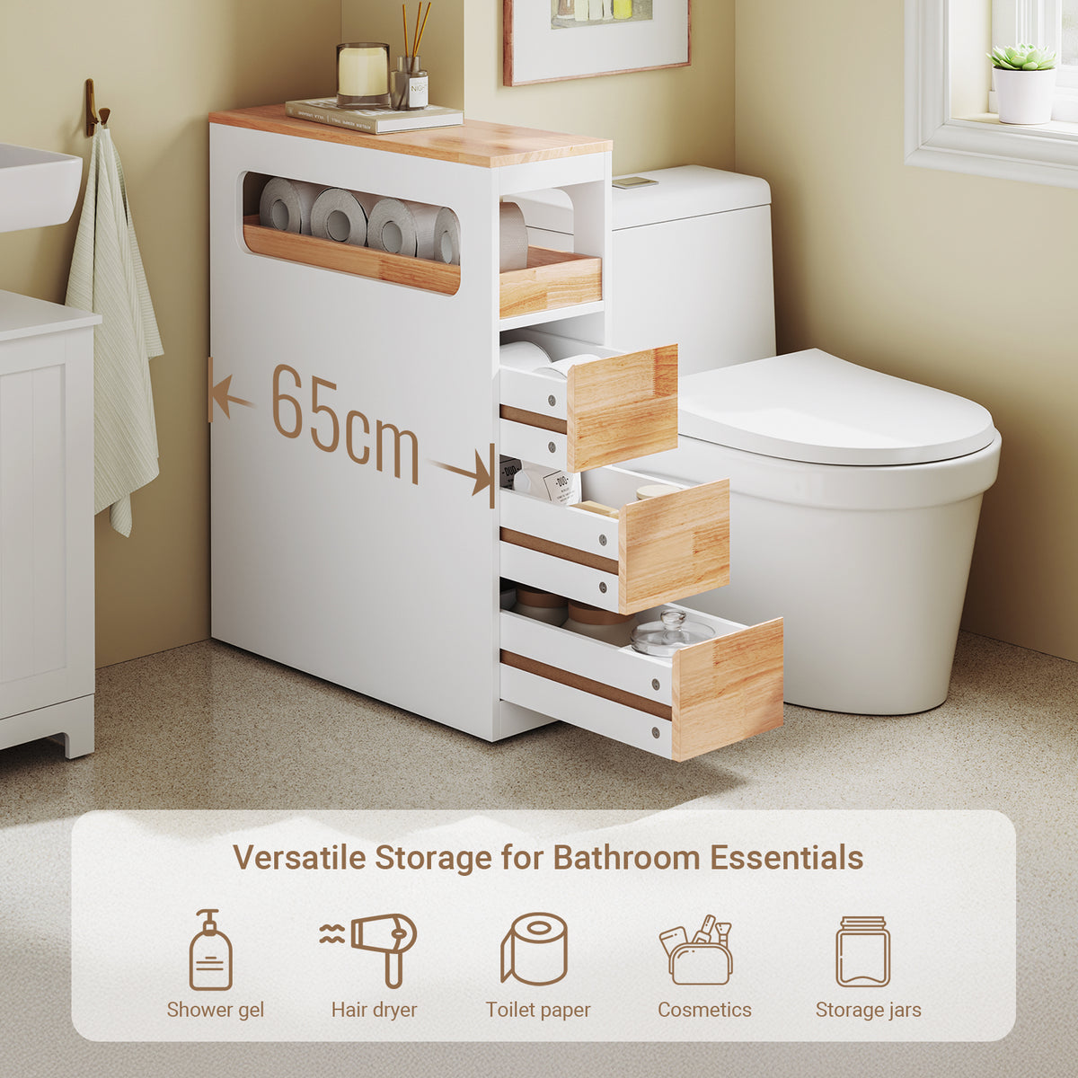 SoBuy BZR54-IV-WN, Movable Bathroom Cabinet Toilet Paper Roll Holder Cabinet with 2 Open Compartments, White