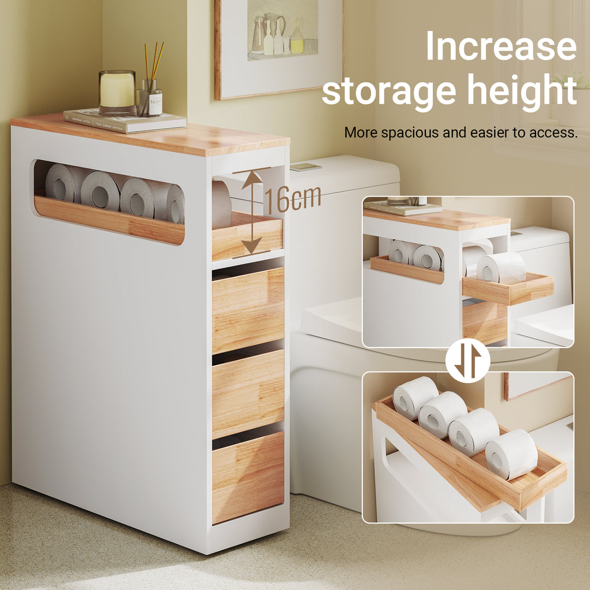 SoBuy BZR54-IV-WN, Movable Bathroom Cabinet Toilet Paper Roll Holder Cabinet with 2 Open Compartments, White