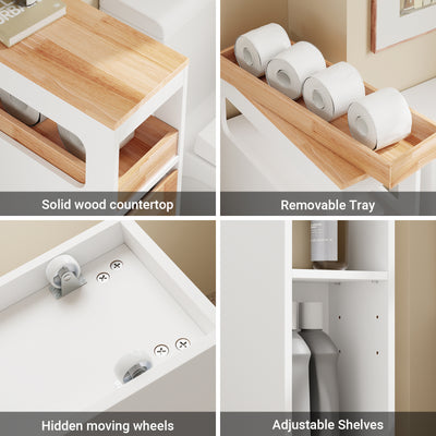SoBuy BZR54-IV-WN, Movable Bathroom Cabinet Toilet Paper Roll Holder Cabinet with 2 Open Compartments, White
