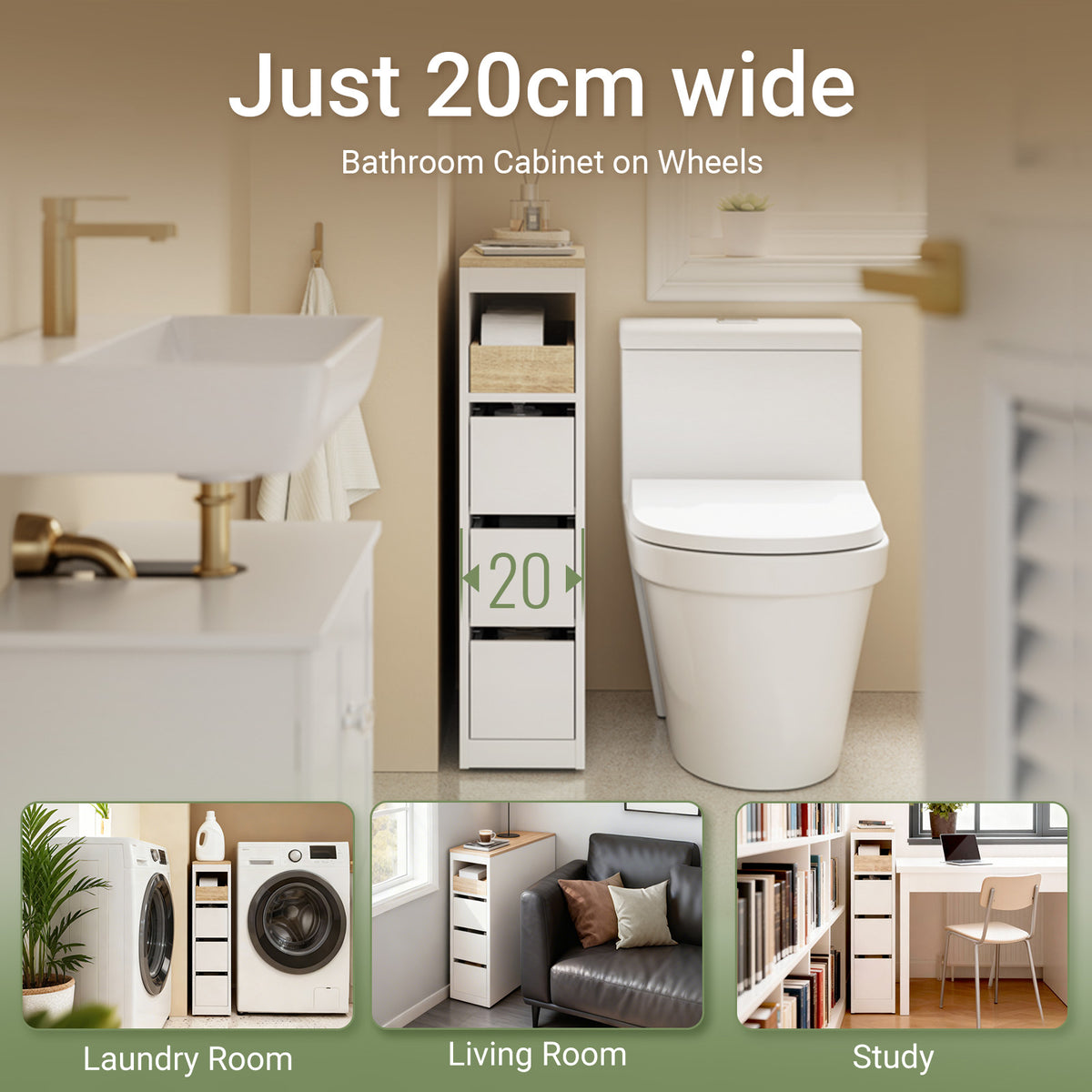 Pre-sale SoBuy BZR54-K-W, Bathroom Cabinet with Wheels, 20cm Slim Bathroom Storage Unit with 3 Drawers, Movable Narrow Toilet Storage Cabinet for Small space, WC and Kitchen, White, 60x20x82.3cm