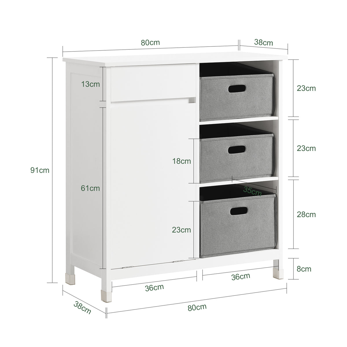 SoBuy BZR77-W, Laundry Cabinet – Freestanding Bathroom Cabinet with Laundry Basket – Space-Saving Bathroom Storage Uint with Drawers – Storage Cupboard in Wood, Moisture-Resistant, White, 80x91x38cm