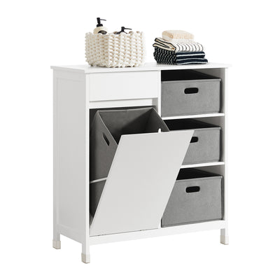 SoBuy BZR77-W, Laundry Cabinet – Freestanding Bathroom Cabinet with Laundry Basket – Space-Saving Bathroom Storage Uint with Drawers – Storage Cupboard in Wood, Moisture-Resistant, White, 80x91x38cm