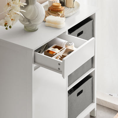 SoBuy BZR77-W, Laundry Cabinet – Freestanding Bathroom Cabinet with Laundry Basket – Space-Saving Bathroom Storage Uint with Drawers – Storage Cupboard in Wood, Moisture-Resistant, White, 80x91x38cm