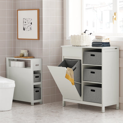 SoBuy BZR77-W, Laundry Cabinet – Freestanding Bathroom Cabinet with Laundry Basket – Space-Saving Bathroom Storage Uint with Drawers – Storage Cupboard in Wood, Moisture-Resistant, White, 80x91x38cm