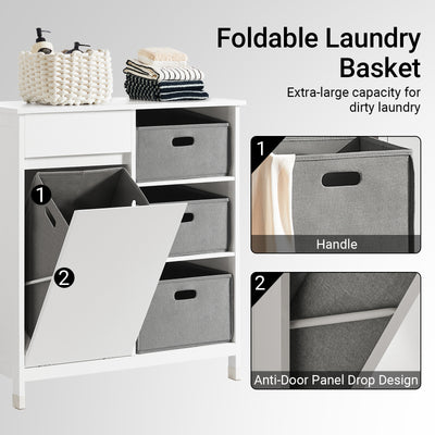 SoBuy BZR77-W, Laundry Cabinet – Freestanding Bathroom Cabinet with Laundry Basket – Space-Saving Bathroom Storage Uint with Drawers – Storage Cupboard in Wood, Moisture-Resistant, White, 80x91x38cm