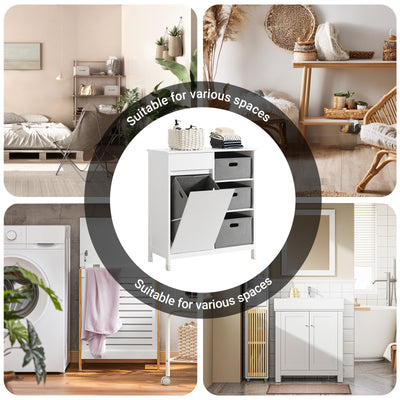SoBuy BZR77-W, Laundry Cabinet – Freestanding Bathroom Cabinet with Laundry Basket – Space-Saving Bathroom Storage Uint with Drawers – Storage Cupboard in Wood, Moisture-Resistant, White, 80x91x38cm
