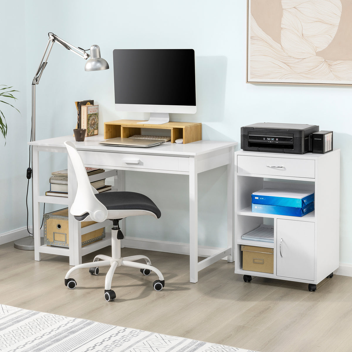Sobuy FBT106-W, Home Office File Cabinet Printer Stand Storage Cabinet Side Cabinet on Wheels, White
