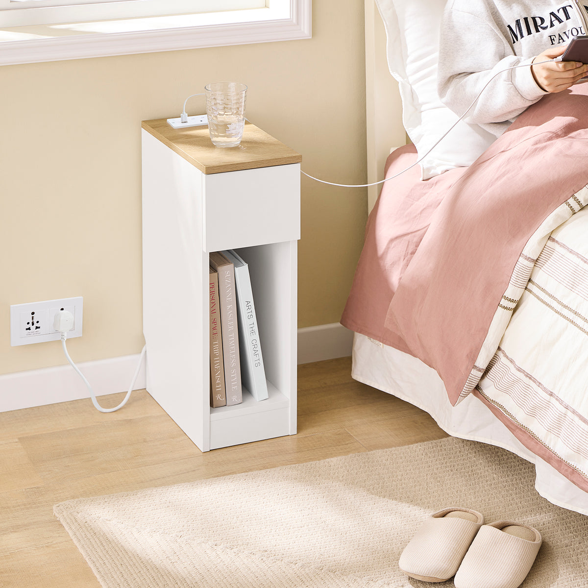 SoBuy FBT111-E-WN-UK Slim Bedside Table with Charging Station Narrow Side Table Nightstand with a Standard Outlet, a USB Port and a Type-C Port for Bedroom Living Room White W20 x D35 x H60cm