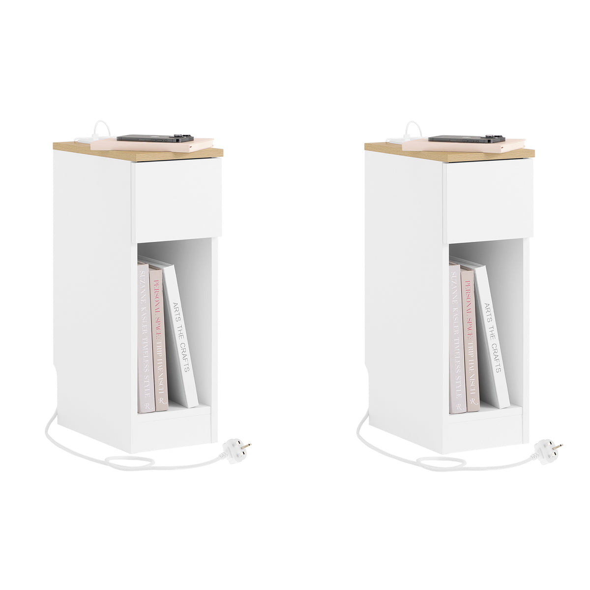 SoBuy FBT111-E-WN-UKx2 Set of 2 Slim Bedside Table with Charging Station Narrow Side Table Nightstand with a Standard Outlet, a USB Port and a Type-C Port for Bedroom Living Room White W20 x D35 x H60cm