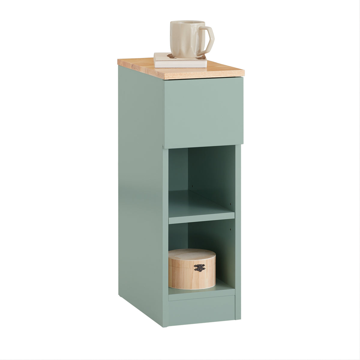 SoBuy FBT111-GR slim bedside table with drawer and 2 shelves green and natural wood – white background