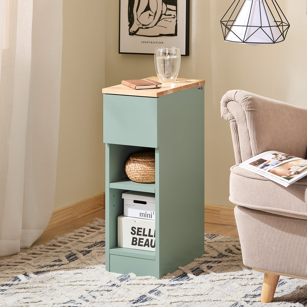 SoBuy FBT111-GR narrow nightstand in bedroom setting – 20cm wide green side table with storage