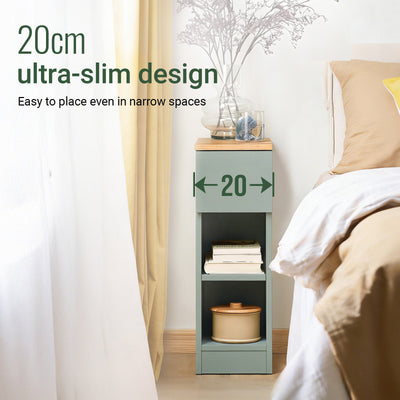 SoBuy FBT111-GR slim bedside table full overview – 20cm narrow nightstand with drawer and 2 shelves green