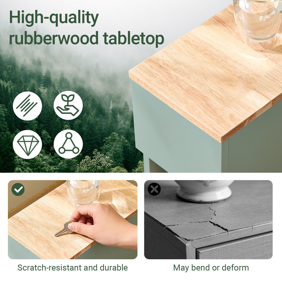 SoBuy FBT111-GR natural rubber wood top detail – smooth durable surface slim bedside table green