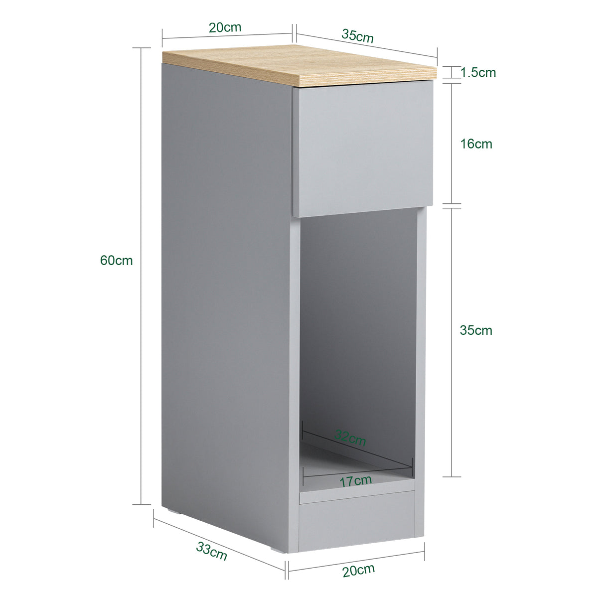 SoBuy FBT111-HG, Slim Bedside Table Bedside Cabinet Narrow Side Table Nightstand with Drawer and Shelf for Bedroom Living Room Grey W20 x D35 x H60cm