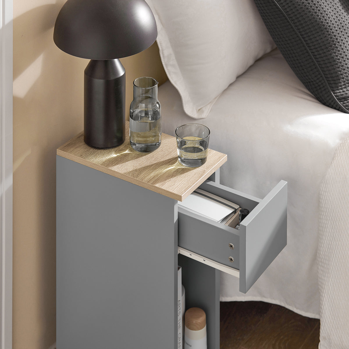 SoBuy FBT111-HG, Slim Bedside Table Bedside Cabinet Narrow Side Table Nightstand with Drawer and Shelf for Bedroom Living Room Grey W20 x D35 x H60cm