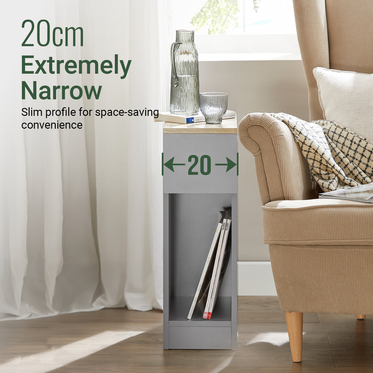 SoBuy FBT111-HG, Slim Bedside Table Bedside Cabinet Narrow Side Table Nightstand with Drawer and Shelf for Bedroom Living Room Grey W20 x D35 x H60cm