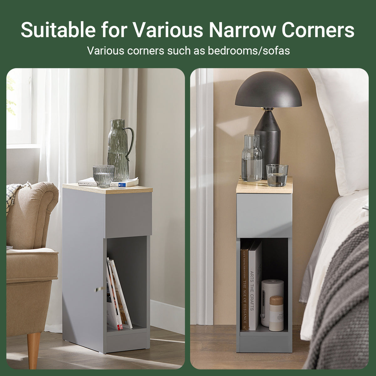 SoBuy FBT111-HG, Slim Bedside Table Bedside Cabinet Narrow Side Table Nightstand with Drawer and Shelf for Bedroom Living Room Grey W20 x D35 x H60cm
