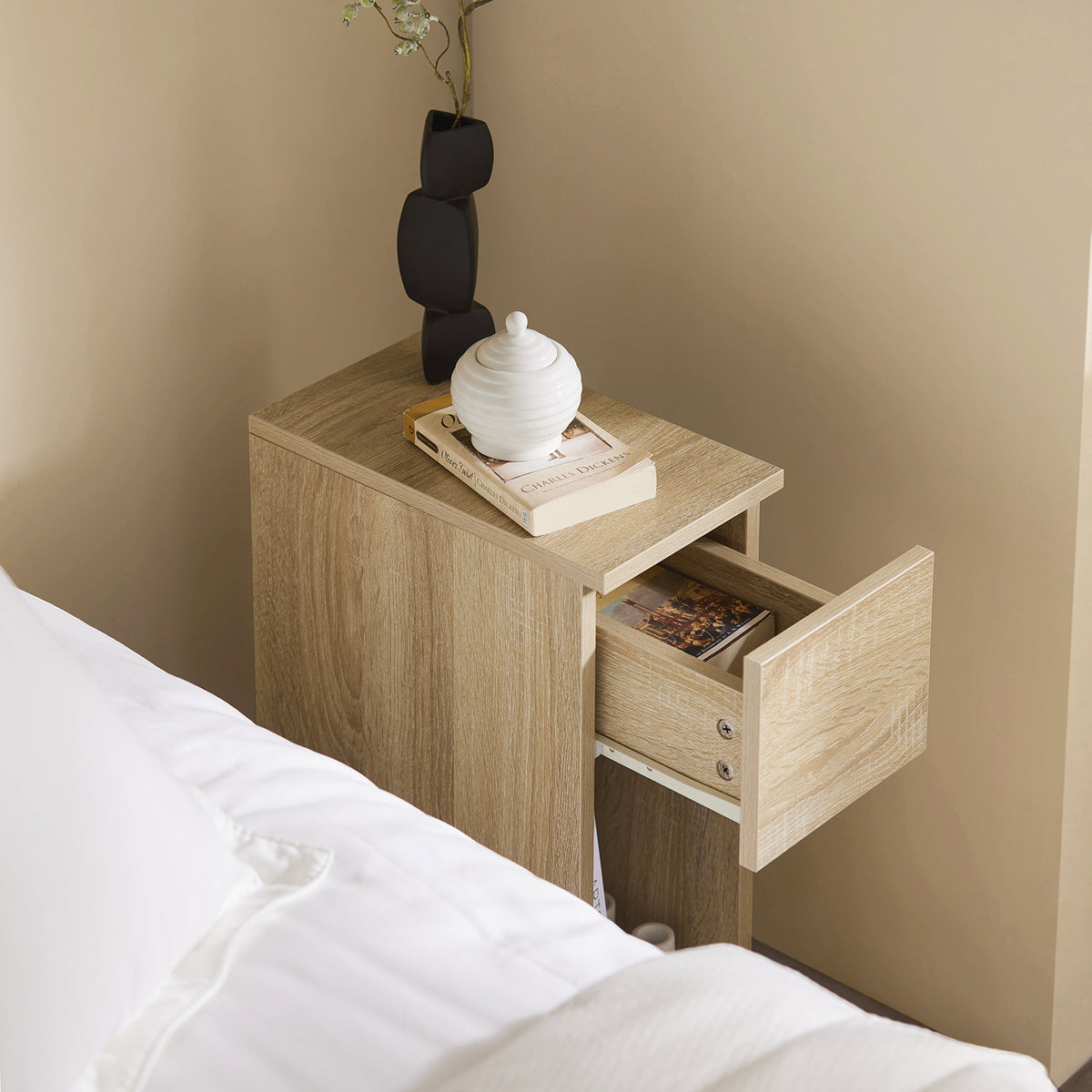 SoBuy FBT111-N, Slim Bedside Table Bedside Cabinet Narrow Side Table Nightstand with Drawer and Shelf for Bedroom Living Room Natural W20 x D35 x H60cm