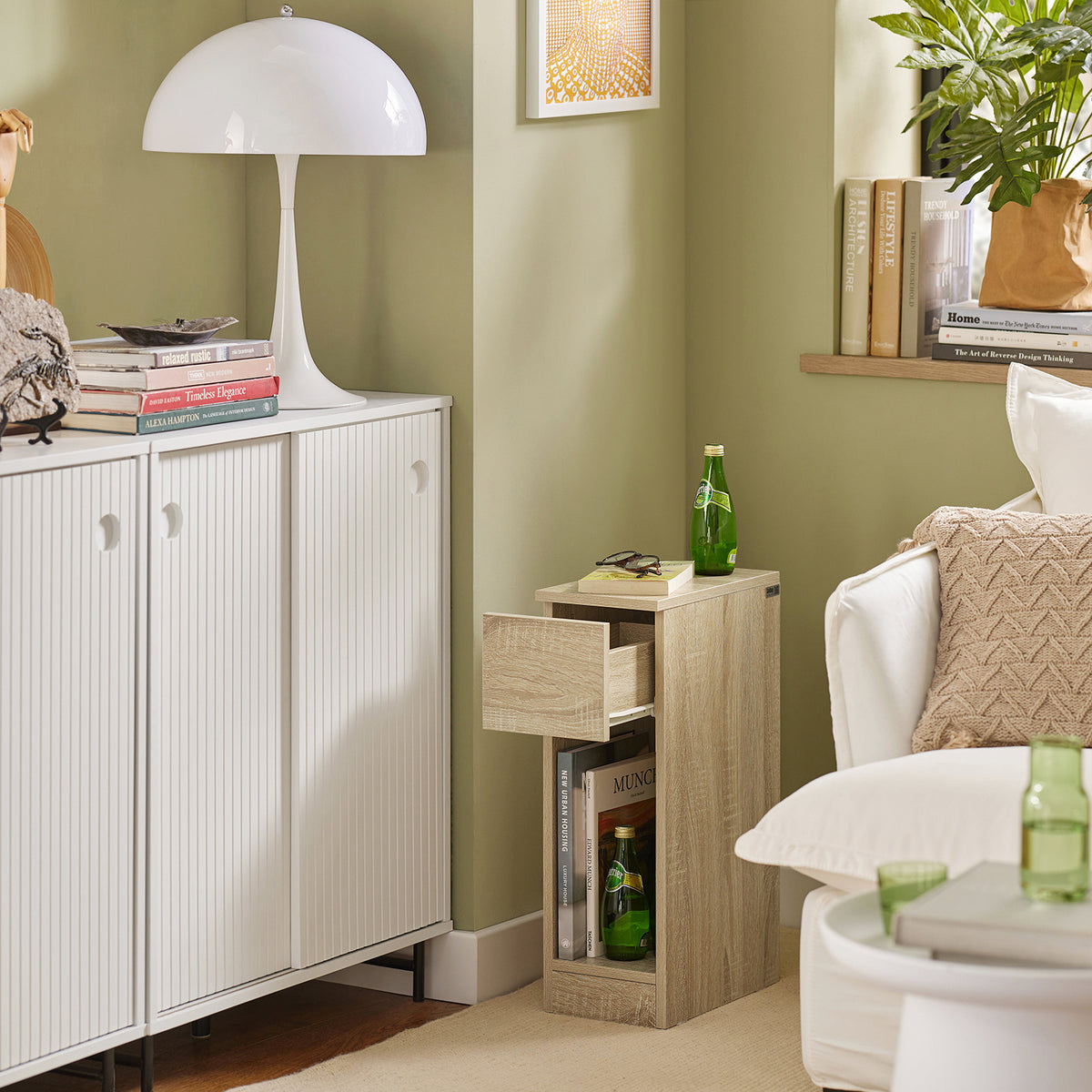 SoBuy FBT111-N, Slim Bedside Table Bedside Cabinet Narrow Side Table Nightstand with Drawer and Shelf for Bedroom Living Room Natural W20 x D35 x H60cm