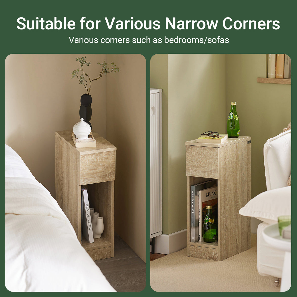 SoBuy FBT111-N, Slim Bedside Table Bedside Cabinet Narrow Side Table Nightstand with Drawer and Shelf for Bedroom Living Room Natural W20 x D35 x H60cm