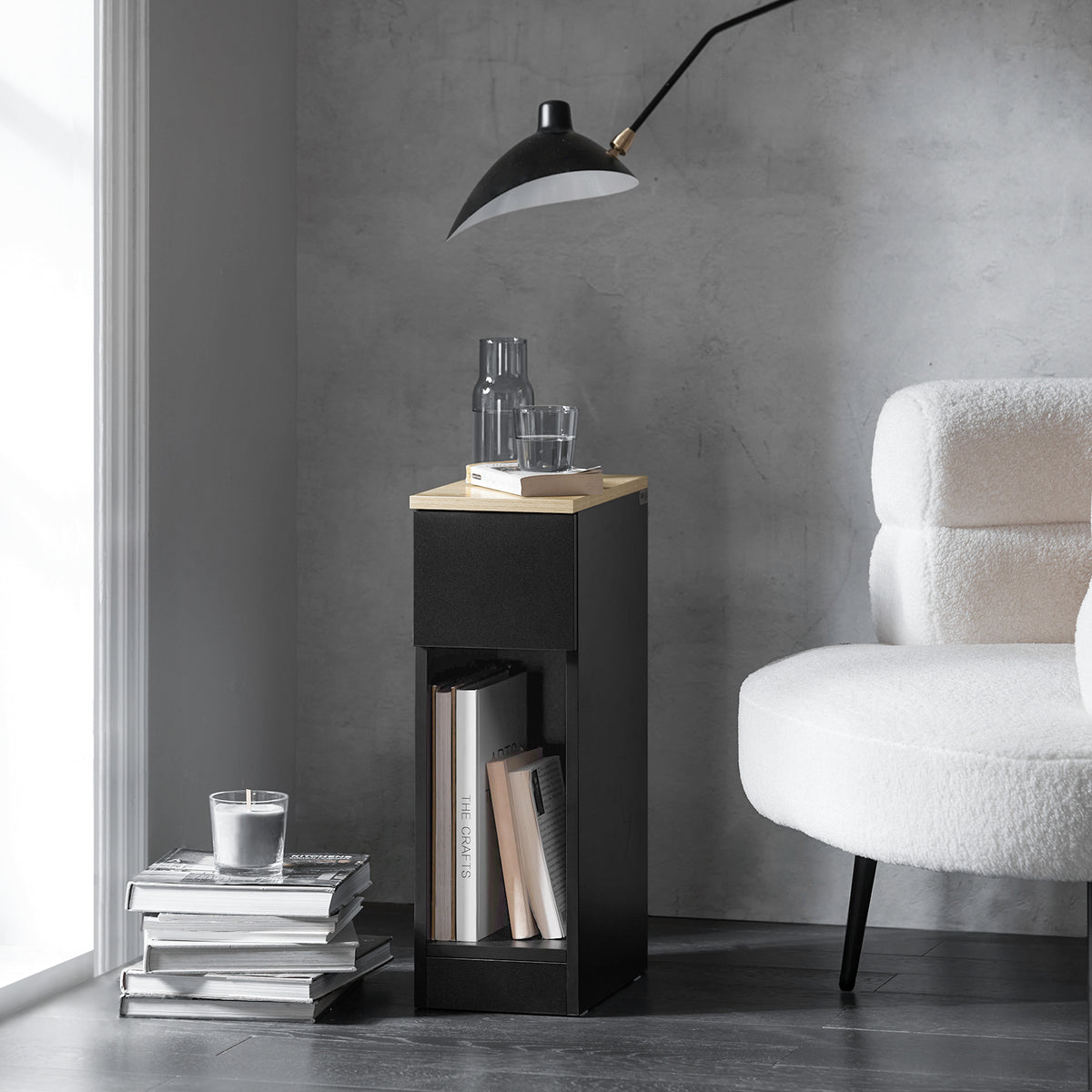 SoBuy FBT111-SCH slim nightstand in living room setting – black sofa side table lifestyle