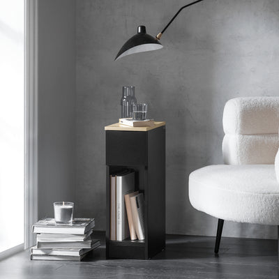 SoBuy FBT111-SCH slim nightstand in living room setting – black sofa side table lifestyle