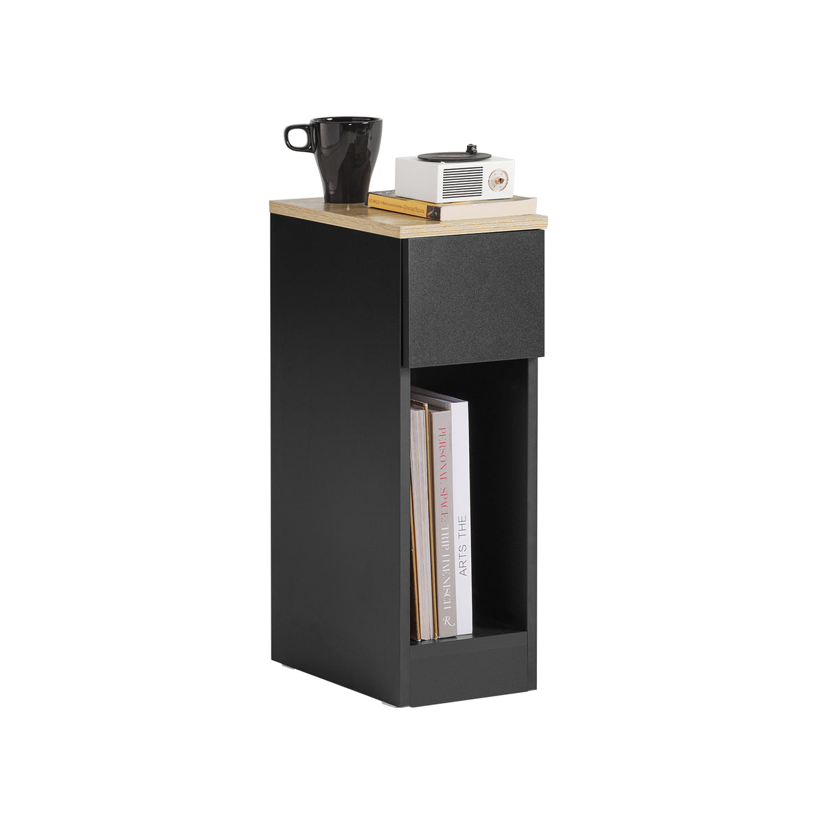 SoBuy FBT111-SCH slim bedside table black – white background front view