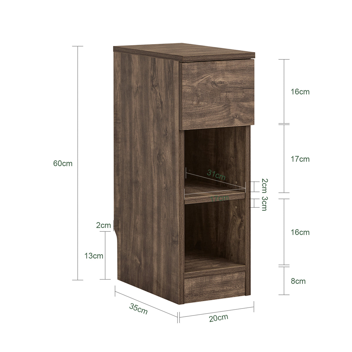 SoBuy FBT111-SN Slim Bedside Table Bedside Cabinet Narrow Side Table Nightstand with Drawer and 2 Shelves for Bedroom Living Room Brown W20 x D35 x H60cm