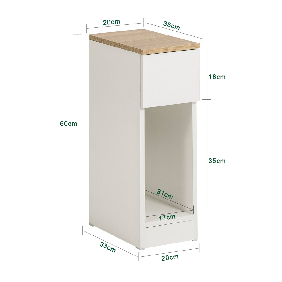 SoBuy FBT111-WN bedside table dimensions W20 x D35 x H60cm size guide diagram