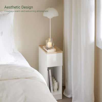 SoBuy FBT111-WN slim nightstand styled in modern bedroom living room scene white natural