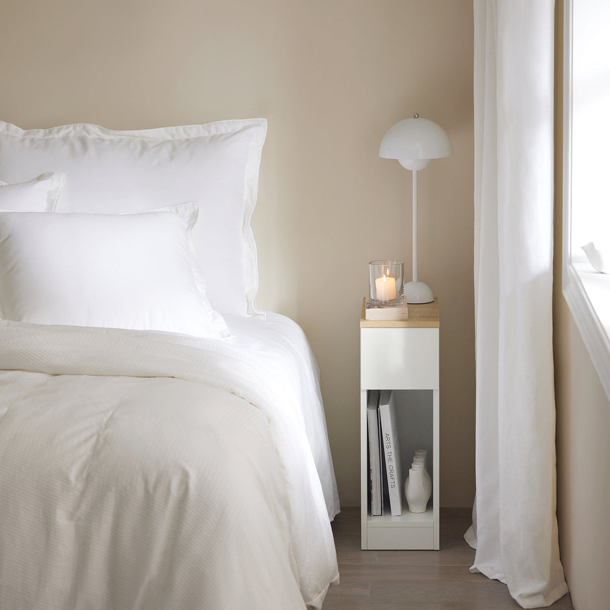 SoBuy slim white bedside table styled in modern bedroom setting FBT111-WNx2