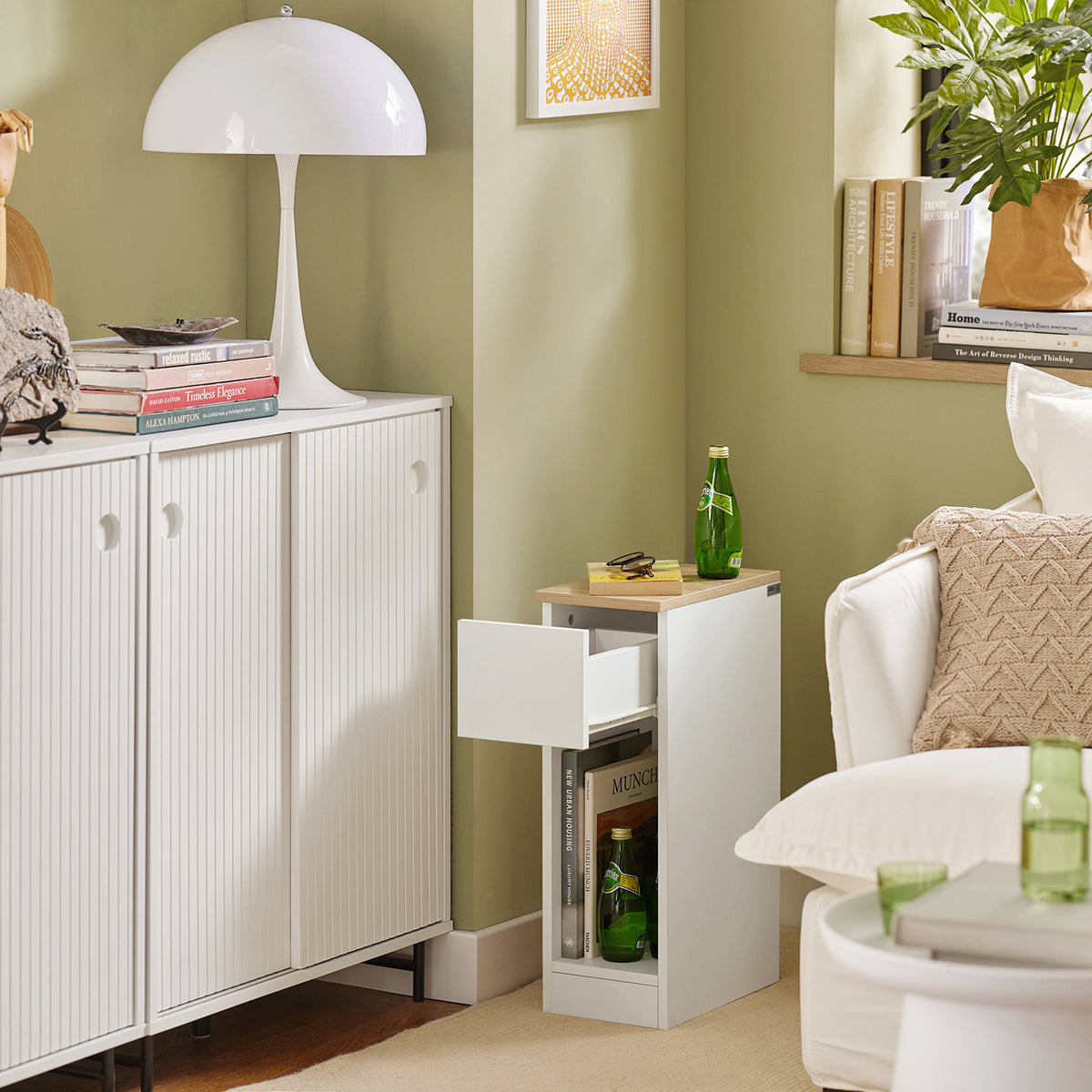 SoBuy FBT111-WN slim bedside table styled in bedroom scene with lamp and books on open shelf