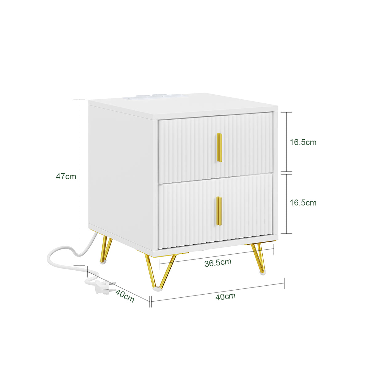 SoBuy FBT115-E-W,  Nightstand with Charging Function, Bedside Table with 2 Outlets, USB and Type-C, White, B40 x T40 x H47 cm