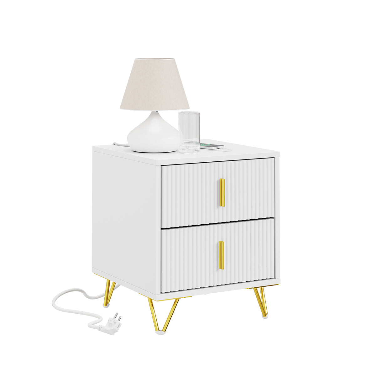 SoBuy FBT115-E-W,  Nightstand with Charging Function, Bedside Table with 2 Outlets, USB and Type-C, White, B40 x T40 x H47 cm