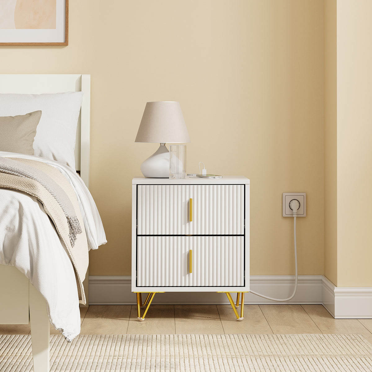 SoBuy FBT115-E-W,  Nightstand with Charging Function, Bedside Table with 2 Outlets, USB and Type-C, White, B40 x T40 x H47 cm