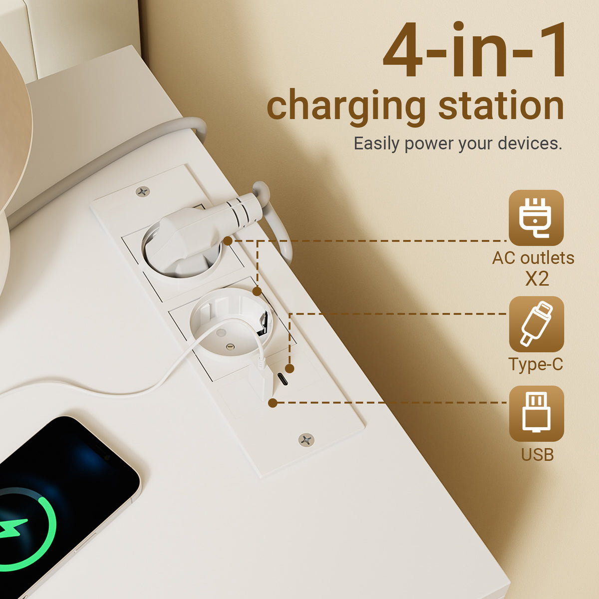 SoBuy FBT115-E-W,  Nightstand with Charging Function, Bedside Table with 2 Outlets, USB and Type-C, White, B40 x T40 x H47 cm