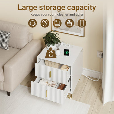 SoBuy FBT115-E-W,  Nightstand with Charging Function, Bedside Table with 2 Outlets, USB and Type-C, White, B40 x T40 x H47 cm