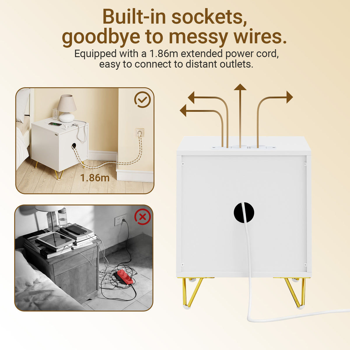 SoBuy FBT115-E-W,  Nightstand with Charging Function, Bedside Table with 2 Outlets, USB and Type-C, White, B40 x T40 x H47 cm
