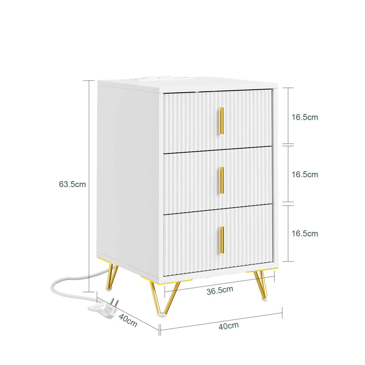 SoBuy FBT115-L-E-W, Nightstand with Charging Function, Bedside Table with 2 Outlets, USB and Type-C, White, B40 x T40 x H63.5 cm