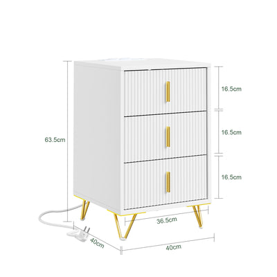 SoBuy FBT115-L-E-W, Nightstand with Charging Function, Bedside Table with 2 Outlets, USB and Type-C, White, B40 x T40 x H63.5 cm